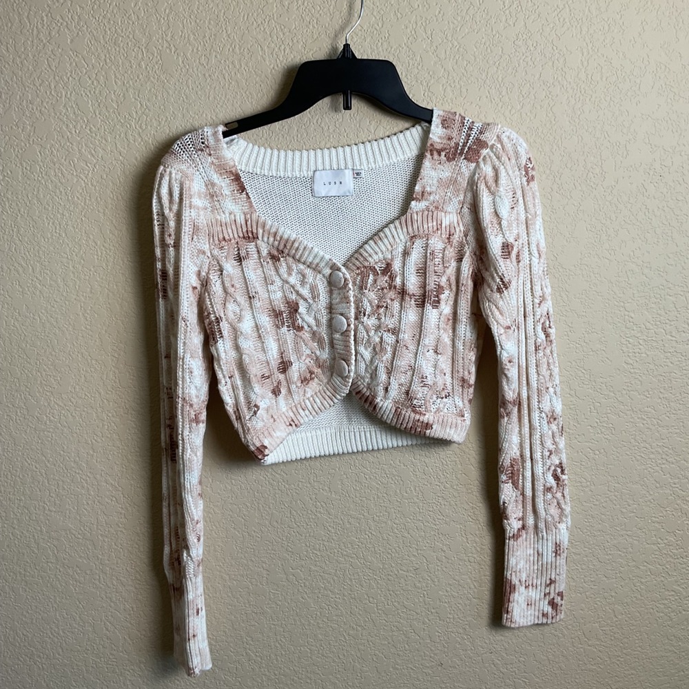 Lush Womens Small Cream Muave Cropped Button Up Knit Printed Sweater